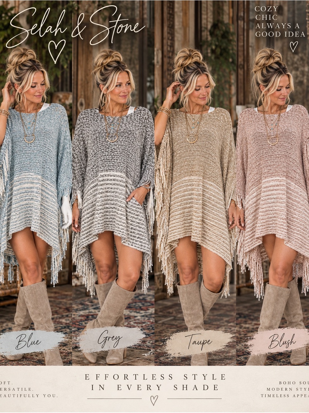 RAJ Imports NWOT (in poly bag) Women's Fringe Knit Sweater Poncho - 4 colors